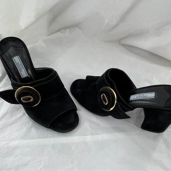 PRADA MILANO BLACK SUEDE CHUNKY HEEL SANDAL BLACK SIZE 37 EUR SIZE 6.5 US - Picture 8 of 16